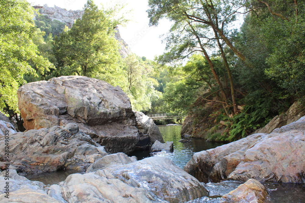 Stream with transparent water. Large Rocks surrounded by running water. Fragas de São Simão, river beach, Figueiró dos Vinhos Portugal Stream with transparent water. Large Rocks surrounded by running water. Fragas de São Simão, river beach, Figueiró dos Vinhos Portugal