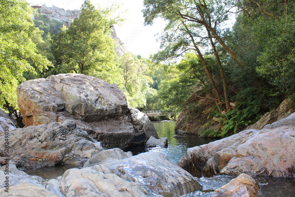 Stream with transparent water. Large Rocks surrounded by running water. Fragas de São Simão, river beach, Figueiró dos Vinhos Portugal