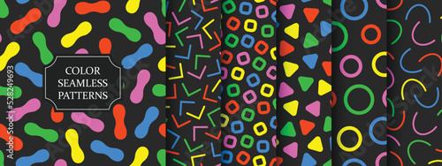 Collection of vector seamless funky patterns with colorful mosaic shapes. Trendy fashion children backgrounds. Abstract unusual creative bright prints