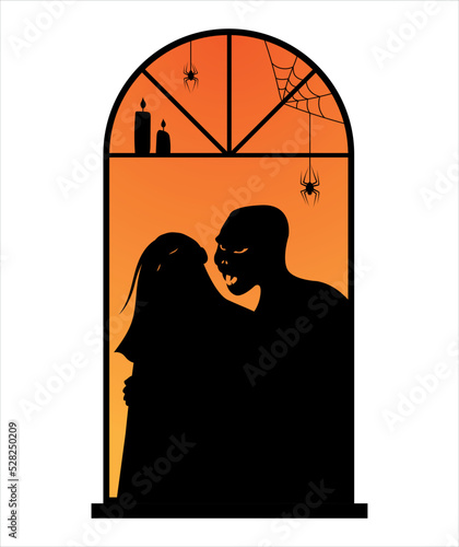 Halloween window. The vampire bites the girl. The spiders are crawling down. Vector, flat style. 