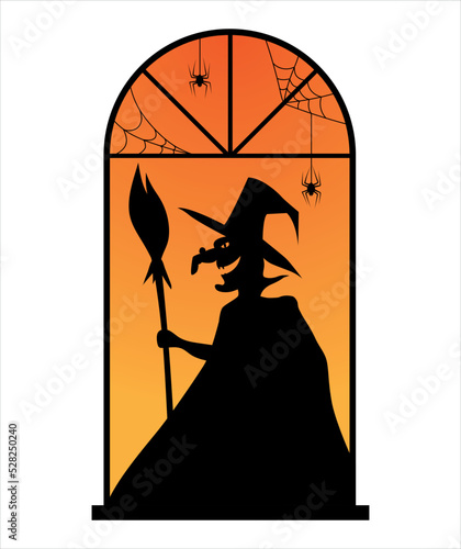 Halloween window. The witch is conjuring. The spiders are crawling down. Vector, flat style. 