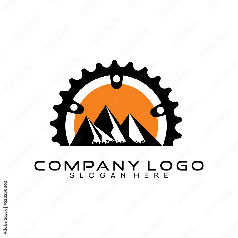 Vector mountain bike club design logo with mountain concept, sunset and gears. Vector mountain bike club design logo with mountain concept, sunset and gears.