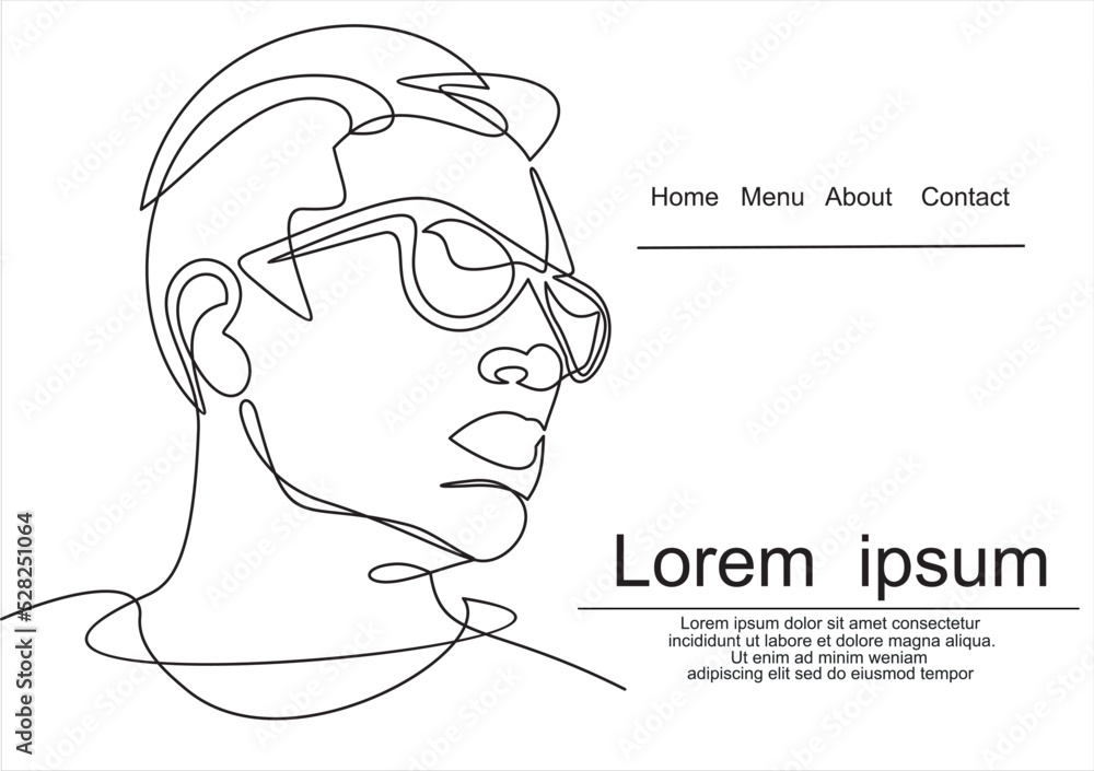 Linear portrait human face in glasses drawn in one continuous line.  linear vector logo design for eyeglass store, vision health clinic, male stylist and hairdresser