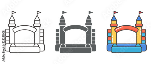 Bouncy inflatable castle set. Tower and equipment for child playground. Jumping house sign. Glyph silhouette, outline and color vector icon