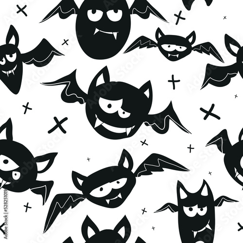 Seamless pattern of cute bats for Halloween. Feast of All Saints. Vector, flat illustration for a mystical holiday. Sweet or nasty. A set of different bats. A vampire. Dracula.