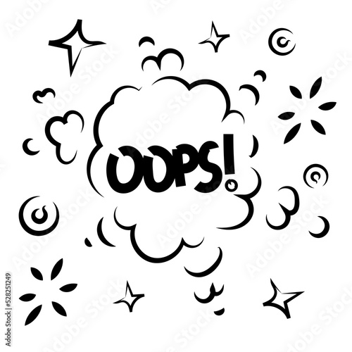 Oops comic text speech bubble vector isolated. Sound effect bang cloud icon of black phrase lettering on white background.