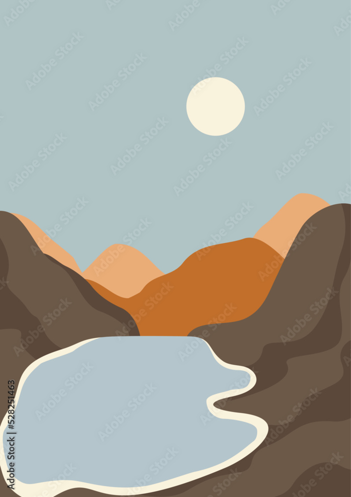 Lake and mountain night landscape illustration poster.