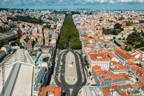 Aerial drone view of Restauradores square looking north towards Avenida da Liberdade in Lisbon, Portugal photo