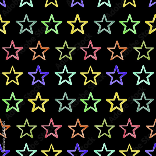 Seamless pattern iridescent star on dark  watercolor textured background