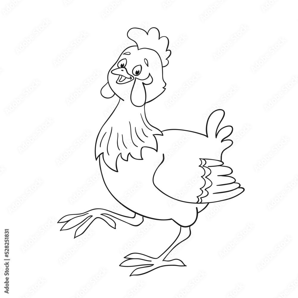 Funny chicken in cartoon style. Black and white picture for coloring book. Isolated on white background. Vector illustration. Funny chicken in cartoon style. Black and white picture for coloring book. Isolated on white background. Vector illustration.