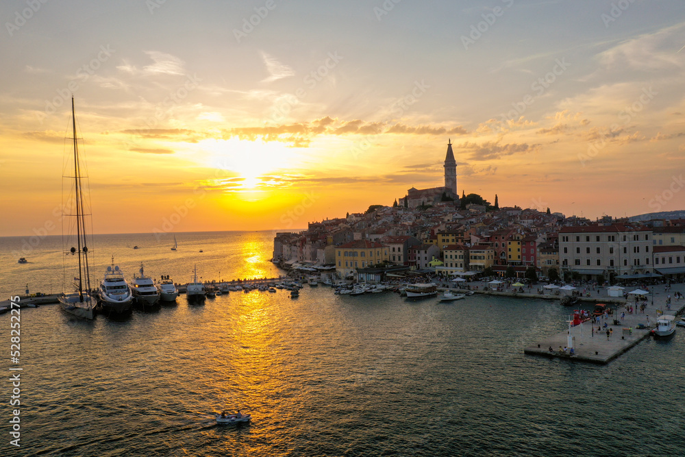 Evening view of the Croatian port town of Rovinj during sunset in summer.