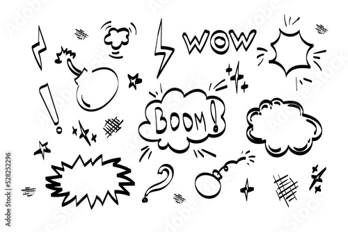 Cartoon clouds and explosions set for comics, Speech bubbles. Thinking and speaking clouds with doodle vector set