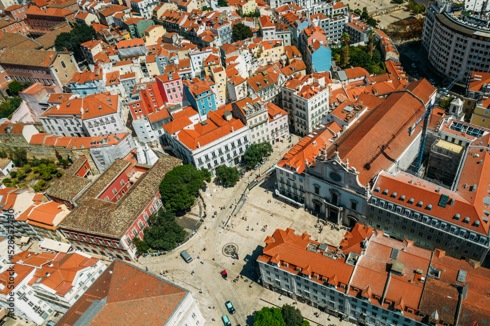 Aerial drone view of Sao Domingos square with Sao Domingos church in Baixa District of Lisbon, Portugal