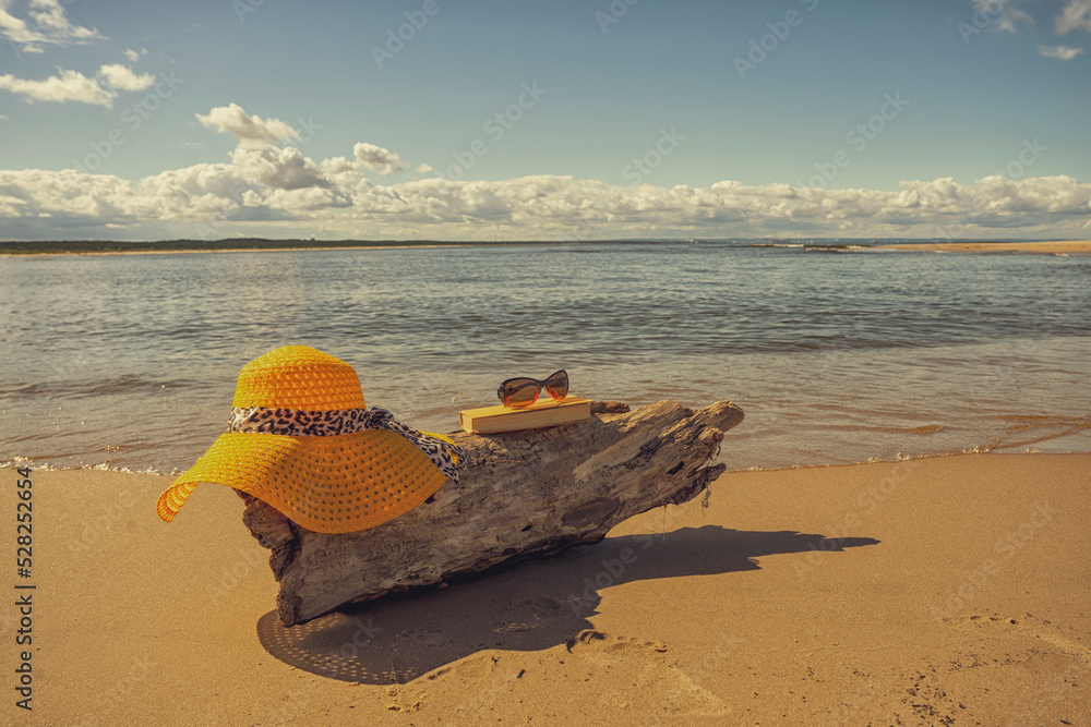 Akcesoria plażowe ułożone na kawałku drewna wyrzuconego na brzeg, wakacje, słoneczny plażowy dzień, morze, piasek.  - obrazy, fototapety, plakaty 