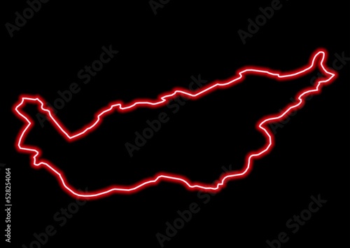 Red glowing neon map of Valais Switzerland on black background.