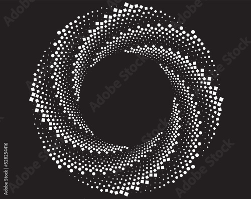 White halftone dots in vortex form. Geometric art. Trendy design element.Circular and radial lines volute, helix.Segmented circle with rotation.Radiating arc lines.Cochlear