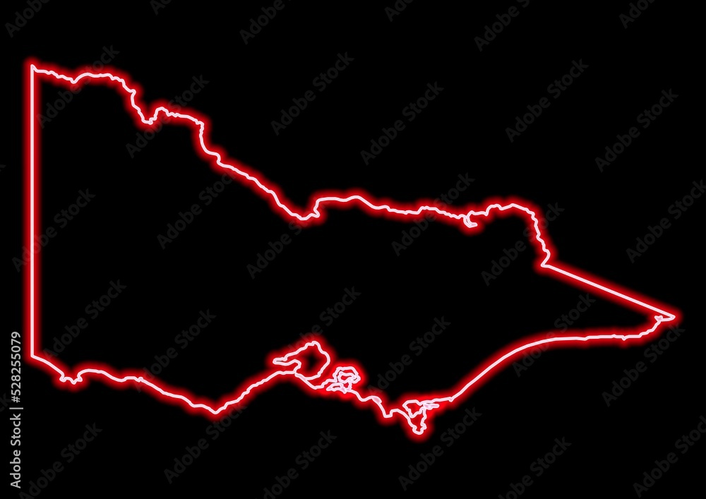 Red glowing neon map of Victoria Australia on black background. Red glowing neon map of Victoria Australia on black background.