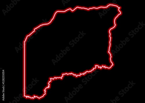 Red glowing neon map of Vichada Colombia on black background. photo