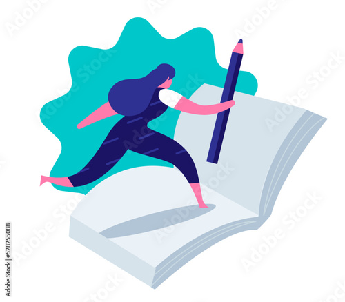 Ragazza che corre sulle pagine di un libro con una matita in mano