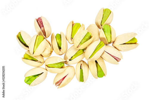 Pistachios isolated on white background, top view. Flat lay.