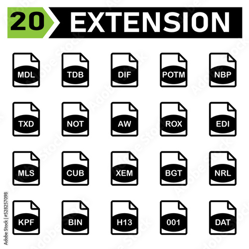 file extension icon include mdl, tdb, dif, potm, nbp, txd, not, aw, rox, edi, mls, cub, xem, bgt, nrl, kpf, bin, h13, 001, dat, file, document, extension, icon, type, set, format, vector, symbol