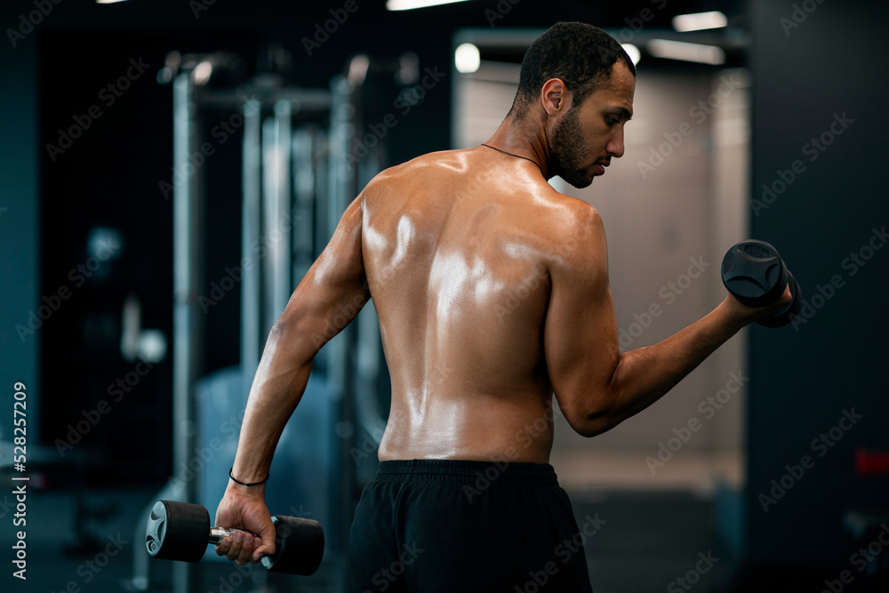 Fototapeta premium Shirtless Muscular African American Man Training With Dumbbells At Modern Gym Interior