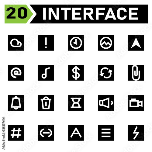 Interface icon set include cloud, weather, interface, caution, warning, attention, important, time, timer, clock, alarm, picture, photo, gallery, message, mail, letter, chat, email, envelope, music