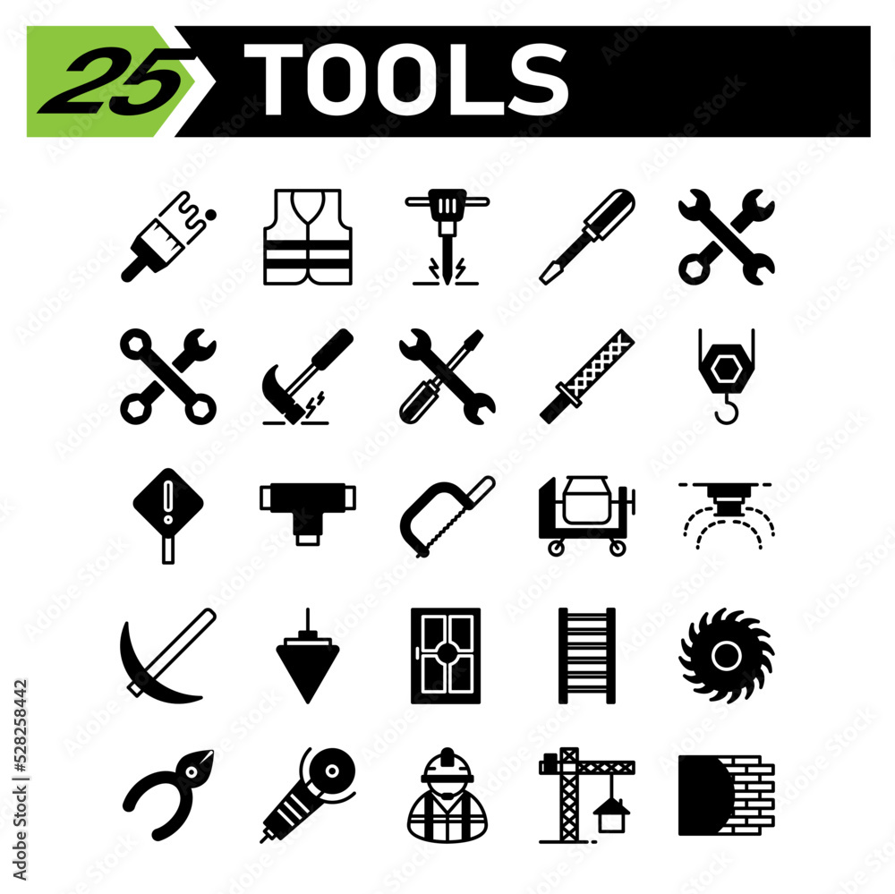 Tools construction icon set include brush, paint, painting, wall, construction, safety, jacket, vest, protection, jackhammer, drill, jack, hammer, screwdriver, tool, tools, equipment, spanner, wrench Tools construction icon set include brush, paint, painting, wall, construction, safety, jacket, vest, protection, jackhammer, drill, jack, hammer, screwdriver, tool, tools, equipment, spanner, wrench