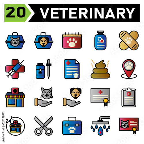 Veterinary icon set include carrier, vet, pet, box, cat, dog, calendar, appointment, veterinary, schedule, medication, supplement, vitamin, vaccine, bandied, clinic, medic, syringe, virus, flee