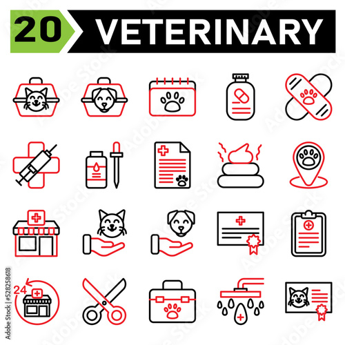 Veterinary icon set include carrier, vet, pet, box, cat, dog, calendar, appointment, veterinary, schedule, medication, supplement, vitamin, vaccine, bandied, clinic, medic, syringe, virus, flee