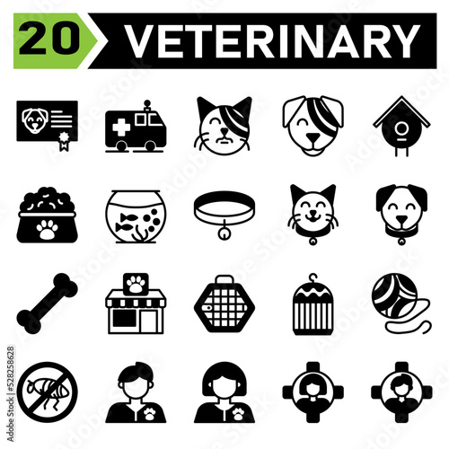 Veterinary icon set include certificate, vaccine, animal, pet, dog , ambulance, car, rescue, pet, animal rescue, bandage, cat, pet, vet, veterinary, bandage, dog, pet, vet, veterinary, birdhouse, nest