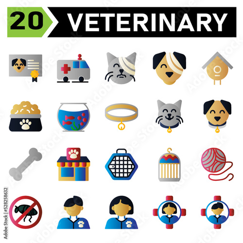 Veterinary icon set include certificate  vaccine  animal  pet  dog   ambulance  car  rescue  pet  animal rescue  bandage  cat  pet  vet  veterinary  bandage  dog  pet  vet  veterinary  birdhouse  nest