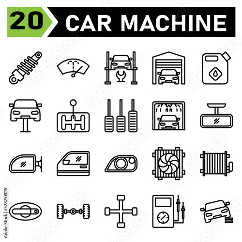 car machine icon set include shock breaker, service, automobile, car part, washer, wiper, windscreen, windshield, hydraulic ramp, jack, lifting, repair, car, garage, parking, warehouse, jerry, oil