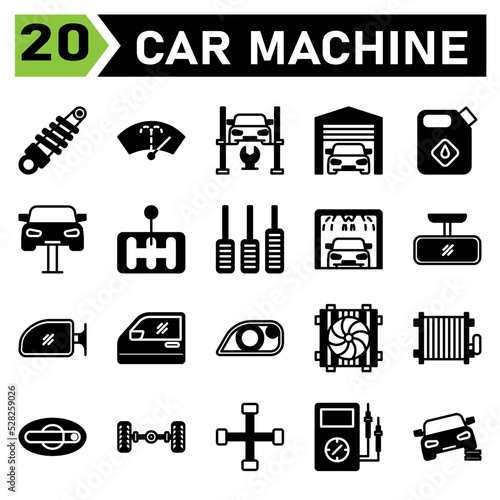 car machine icon set include shock breaker, service, automobile, car part, washer, wiper, windscreen, windshield, hydraulic ramp, jack, lifting, repair, car, garage, parking, warehouse, jerry, oil