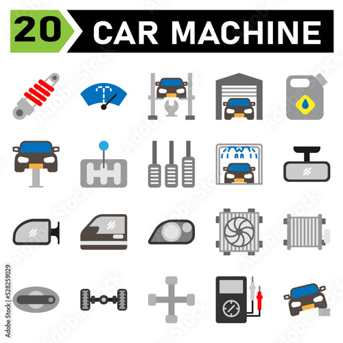 car machine icon set include shock breaker, service, automobile, car part, washer, wiper, windscreen, windshield, hydraulic ramp, jack, lifting, repair, car, garage, parking, warehouse, jerry, oil