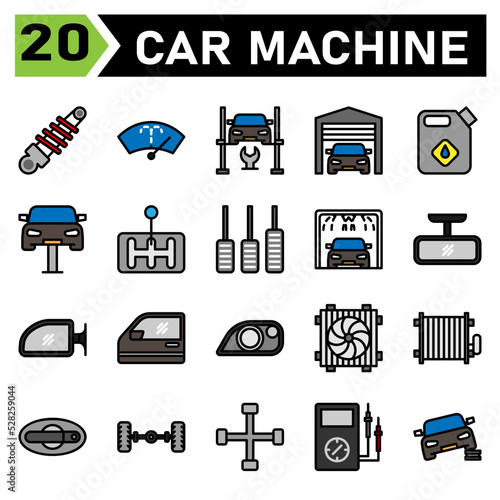 car machine icon set include shock breaker, service, automobile, car part, washer, wiper, windscreen, windshield, hydraulic ramp, jack, lifting, repair, car, garage, parking, warehouse, jerry, oil