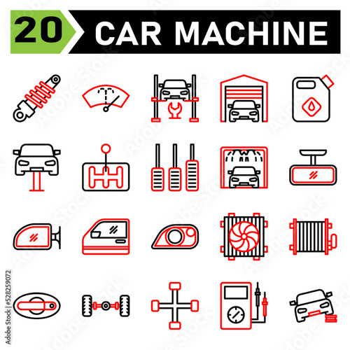 car machine icon set include shock breaker, service, automobile, car part, washer, wiper, windscreen, windshield, hydraulic ramp, jack, lifting, repair, car, garage, parking, warehouse, jerry, oil