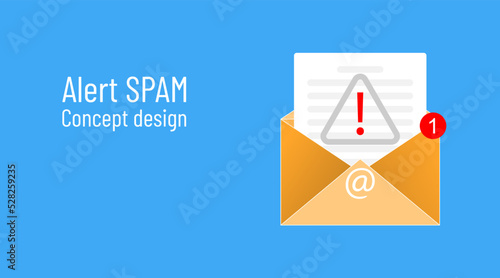 Alert spam concept design. Yellow fraud letter icon with document, alert exclamation warning sign, red notification. Email symbol at. Phishing newsletter mail illustration. Scam and malicious spam