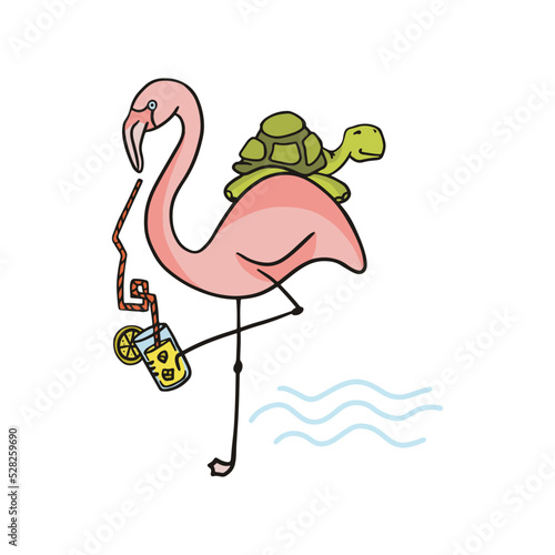 Cute character design of a flamingo drinking lemonade at the beach with a turtle on its back, summer t-shirt design 