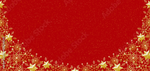 雪の結晶　フレーム　ゴールド　背景　赤　ダスト（金色）