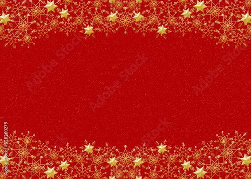 雪の結晶　フレーム　ゴールド　背景　赤　ダスト（金色）