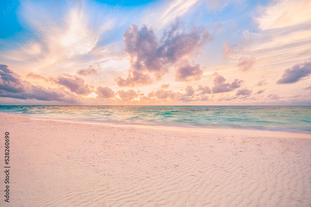 Closeup sea sand beach. Panoramic beach landscape. Inspire tropical beach seascape wave horizon. Orange and golden sunset sky calmness tranquil relaxing sunlight summer. Vacation travel holiday banner