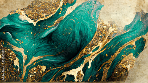 Spectacular realistic abstract backdrop of a whirlpool of teal and gold. Digital art 3D illustration. Mable with liquid texture like turbulent waves background.