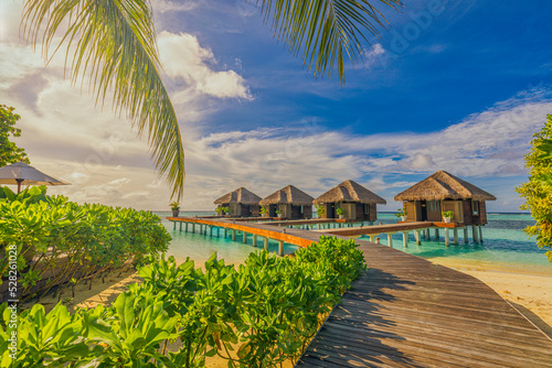 Luxury hotel with water villas and palm tree leaves over white sand, close to blue sea, seascape. Beach chairs, beds with white umbrellas. Summer vacation and holiday, beach resort on tropical island 