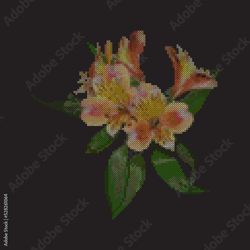 Cross stitch alstroemeria flower. Floral embroidery pattern. Peruvian lily  vector illustration.