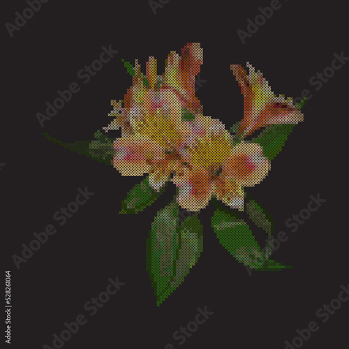 Cross stitch alstroemeria flower. Floral embroidery pattern. Peruvian lily, vector illustration.