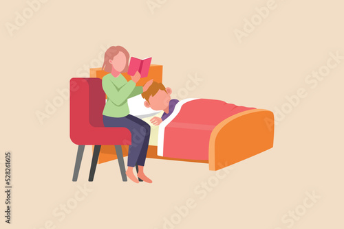 Mother reads book to her son at Night Before Sleep by her bed. Before sleep activity concept. Colored flat graphic vector illustration isolated.