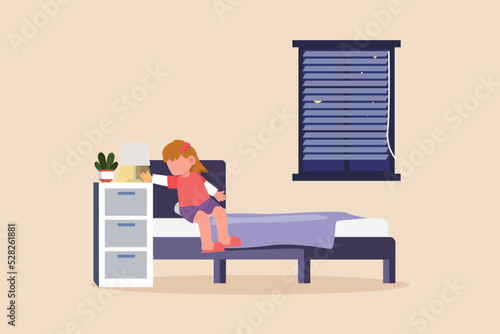 Child girl resting on the bed, turning off the light switch before bedtime to sleep in the bedroom at night. Before sleep activity concept. Colored flat graphic vector illustration isolated.