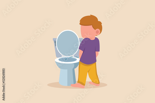 Little boy pee standing up before going to bed. Before sleep activity concept. Colored flat graphic vector illustration isolated.