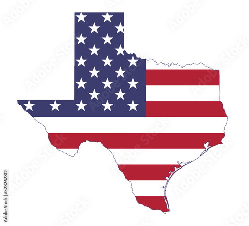 Texas map in vector with outline. American flag background on texas map
